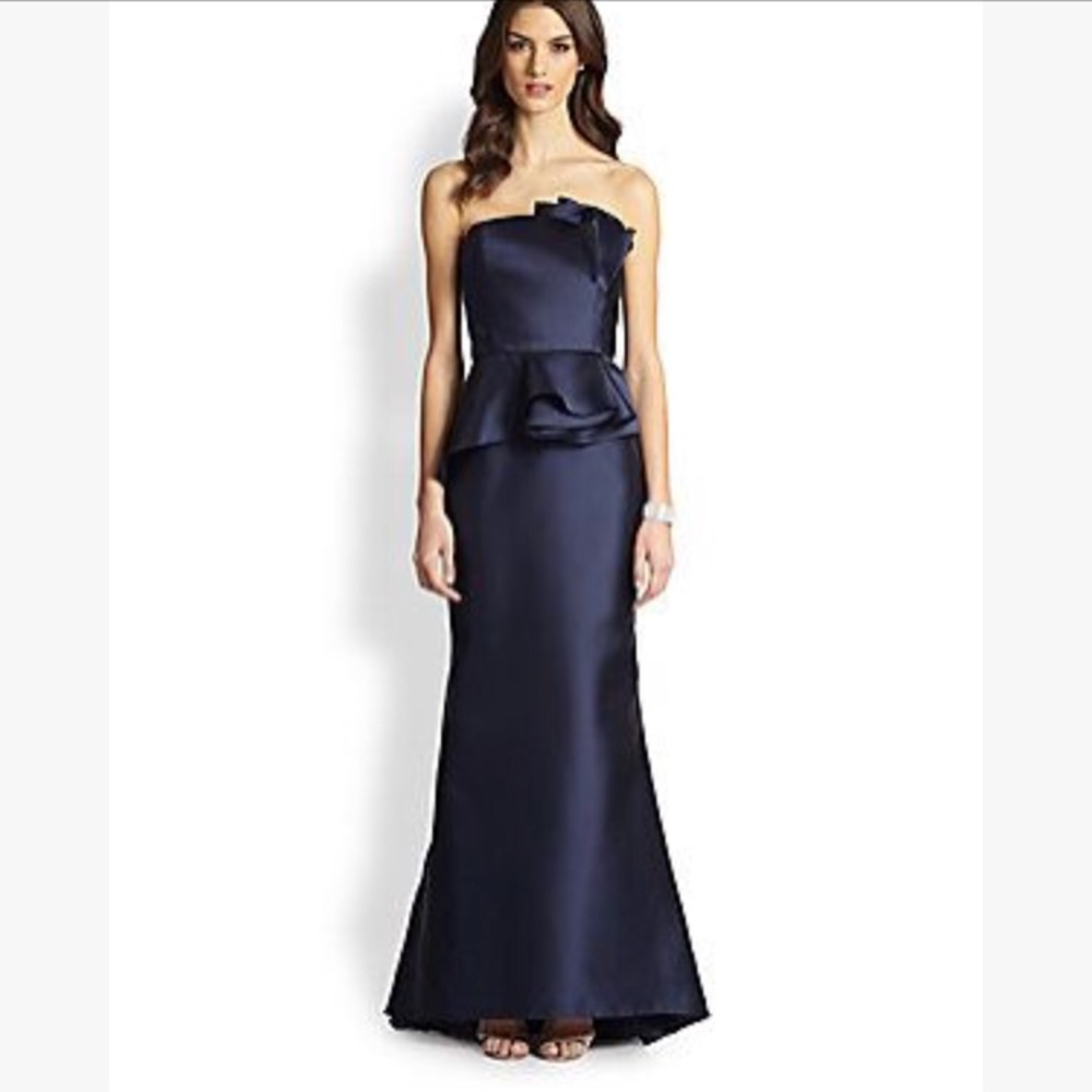 Carmen Marc Valvo Strapless Satin Peplum Gown Navy